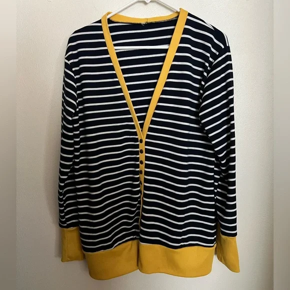 NO BRAND Classic Striped Button Down V Neck Cardigan Blue White Yellow Womens 2X - Picture 1 of 4